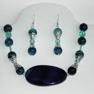 Blue stripe agate necklace/earrings (#282,284)